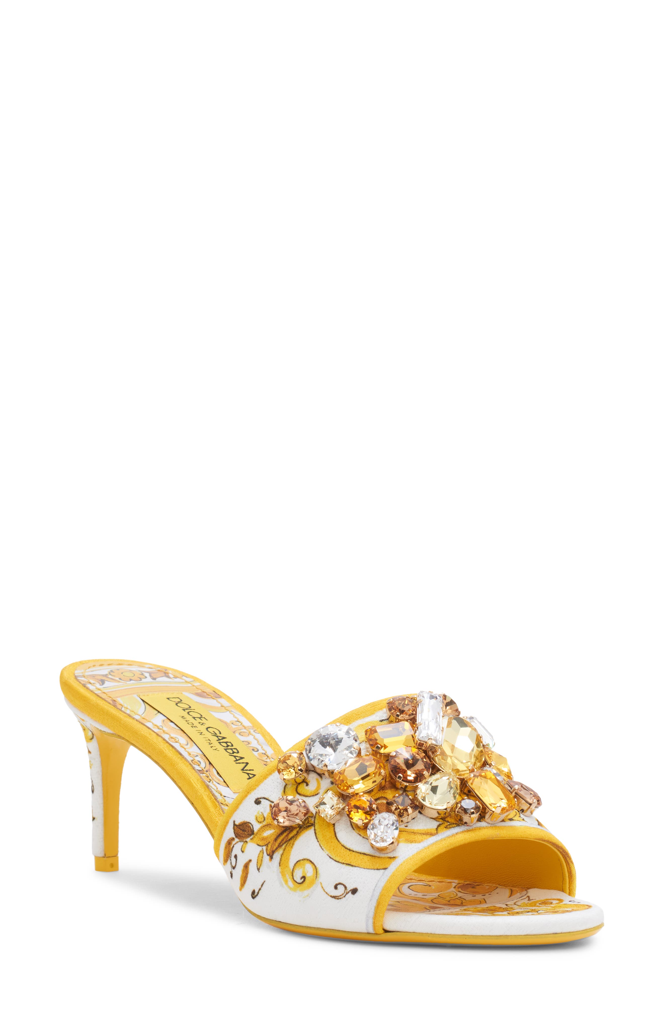 Dolce&Gabbana Majolica Print Embellished Slide Sandal, Main, color, Azulejos Giallo