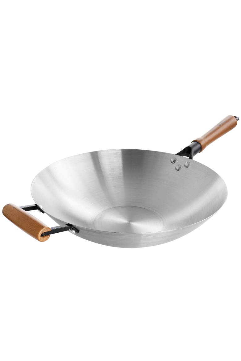 Sangerfield 14in Stainless Steel Flat Bottom Wok with Wooden Handles, Main, color, Metallic Silver