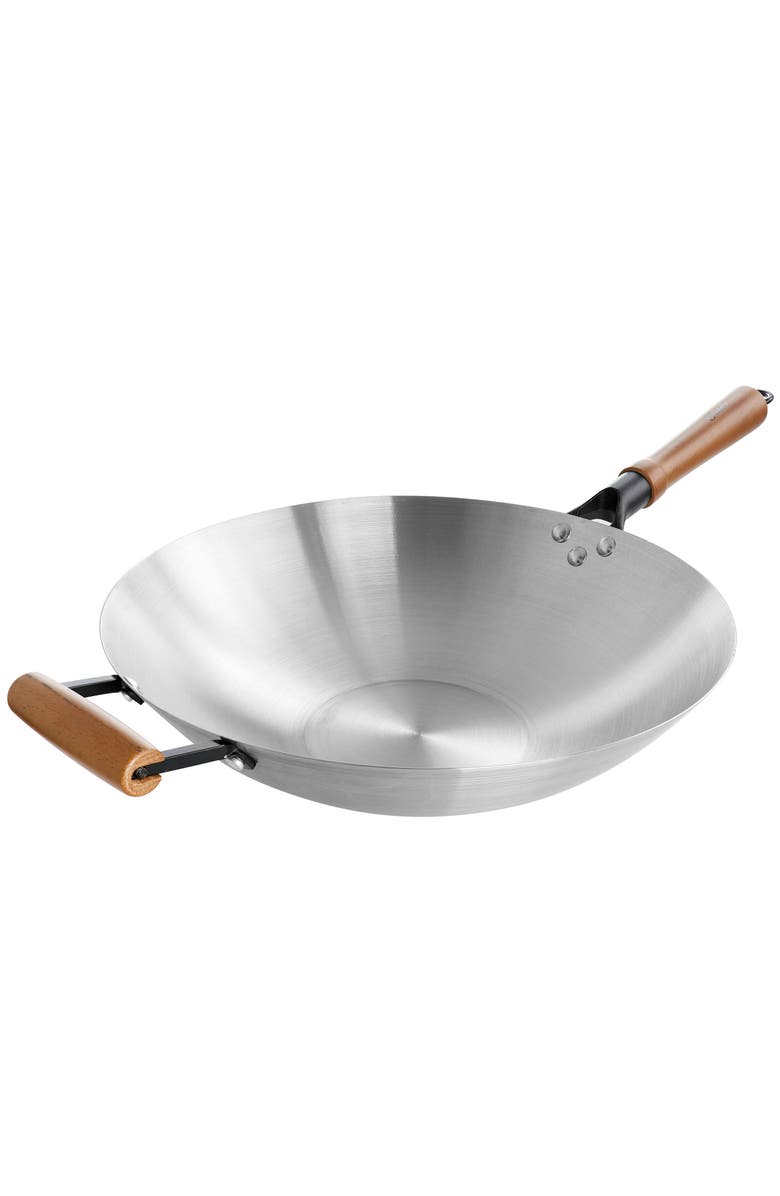 OSTER Sangerfield 14in Stainless Steel Flat Bottom Wok with Wooden Handles, Main, color, 