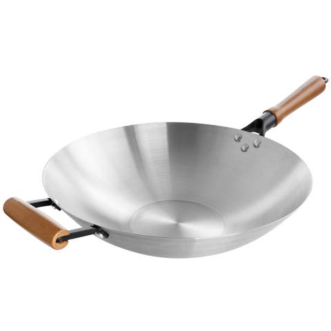Sangerfield 14in Stainless Steel Flat Bottom Wok with Wooden Handles