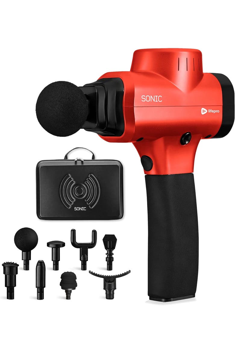 Sonic Massage Gun Percussion Muscle Massager with 8 Heads & 6 Speeds, Main, color, Red