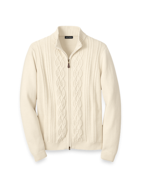 Cotton Cable Full Zip Mock Neck Sweater