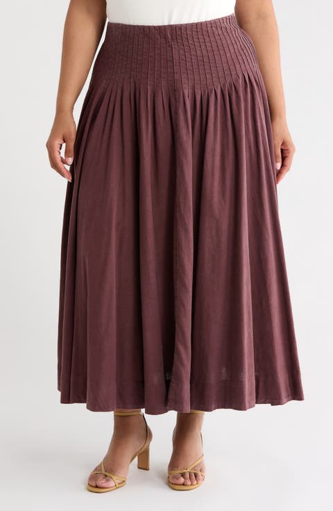 Pleated Linen Blend Maxi Skirt (Plus)