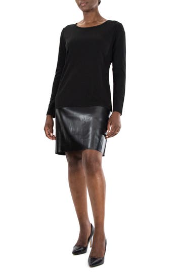 Nina Leonard Faux Leather Border Dress In Black