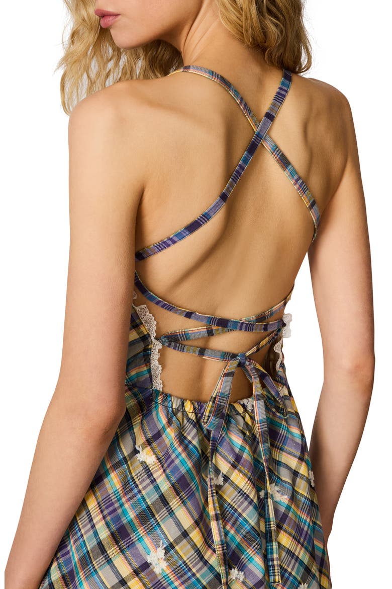 Riyan Plaid Embroidered Open Back Tie Minidress, Alternate, color, LIGHT BROWN PLAID MIX