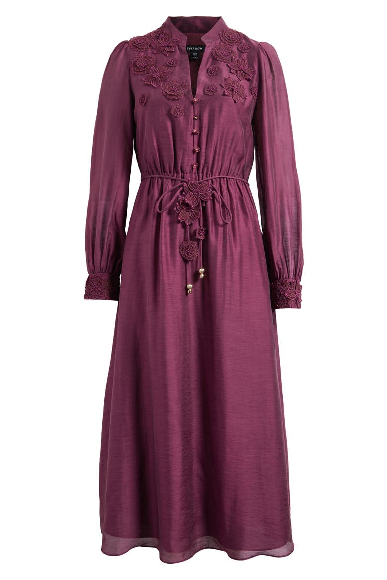Yasmin Floral Appliqué Long Sleeve Midi Dress, Alternate, color, BERRY