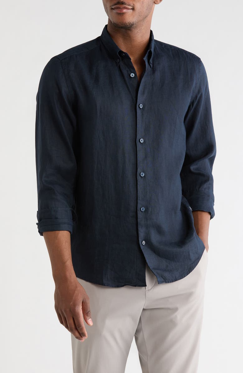 BOSS Liam Linen Button-Up Shirt, Main, color, Dark Blue