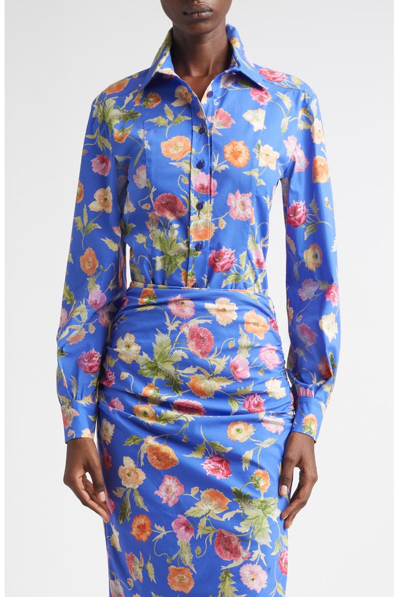 Poppy Print Button-Up Shirt, Main, color, BLUEBELL MULTI