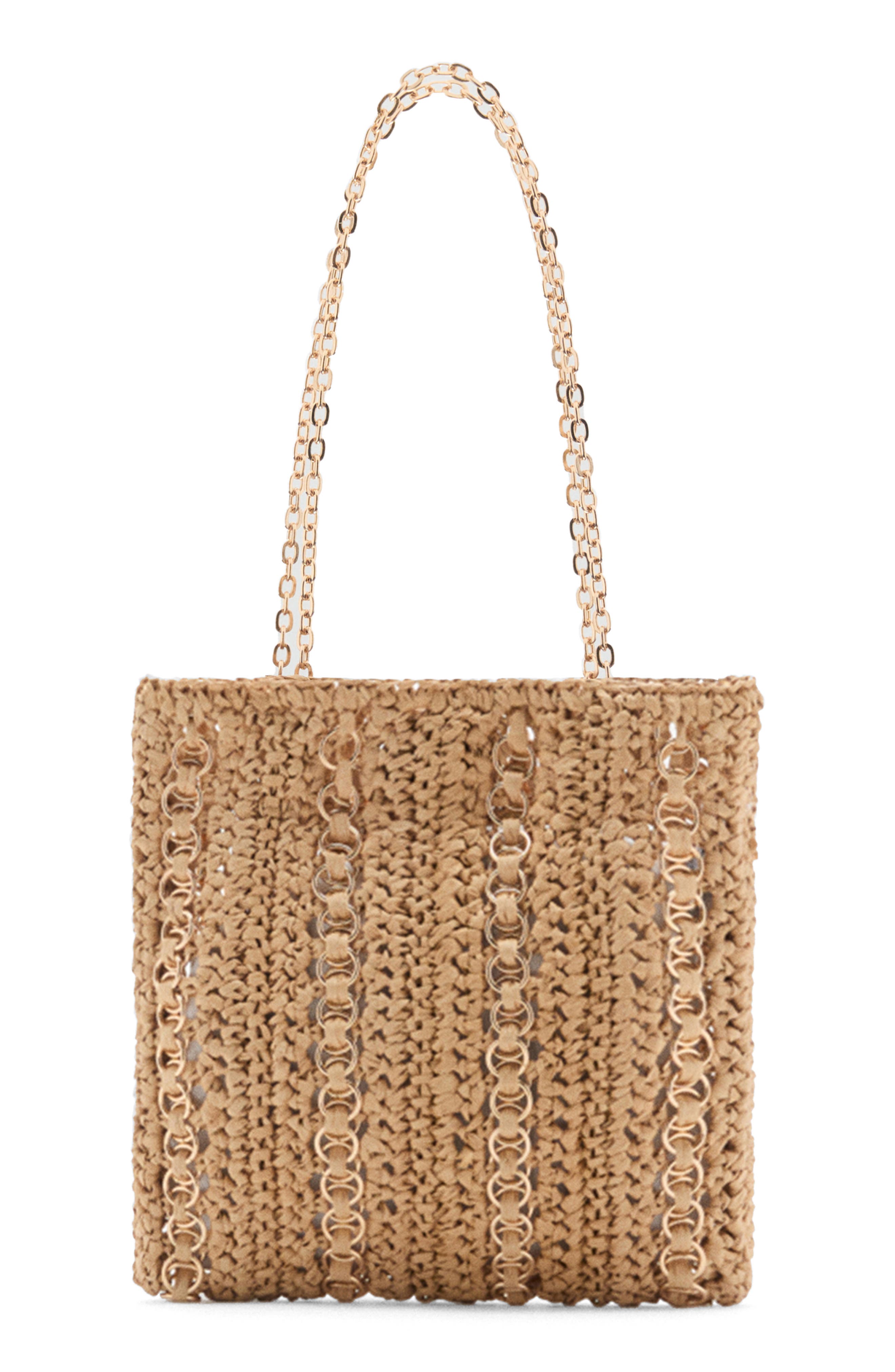 MANGO Ring Embellished Woven Straw Tote, Main, color, Beige