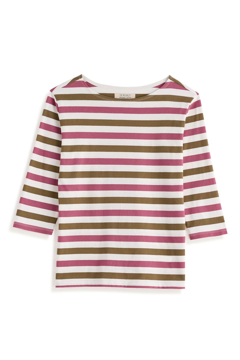 Sailor Stripe Three Quarter Sleeve Organic Cotton T-Shirt, Alternate, color, DUET SCALLION ROSA