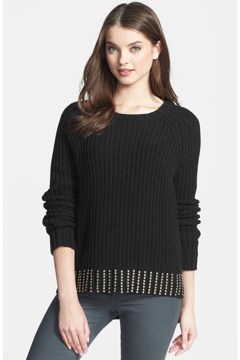 Studded Hem Crewneck Sweater, Main, color, BLACK/ GOLD