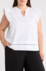 DR2 by Daniel Rainn Embroidered Ruffle Cotton Blend Poplin Top