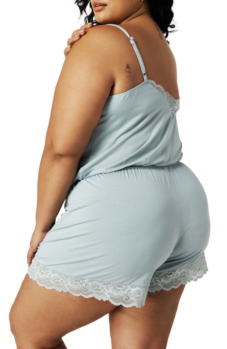 Posh Peanut Lace Trim Pajama Romper, Alternate, color, Shadow Green