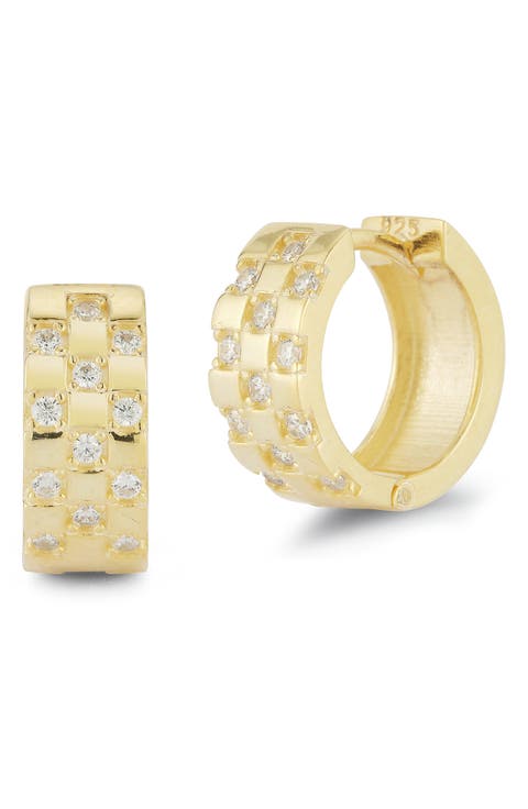 Sterling Silver CZ Checkered Huggie Hoop Earrings