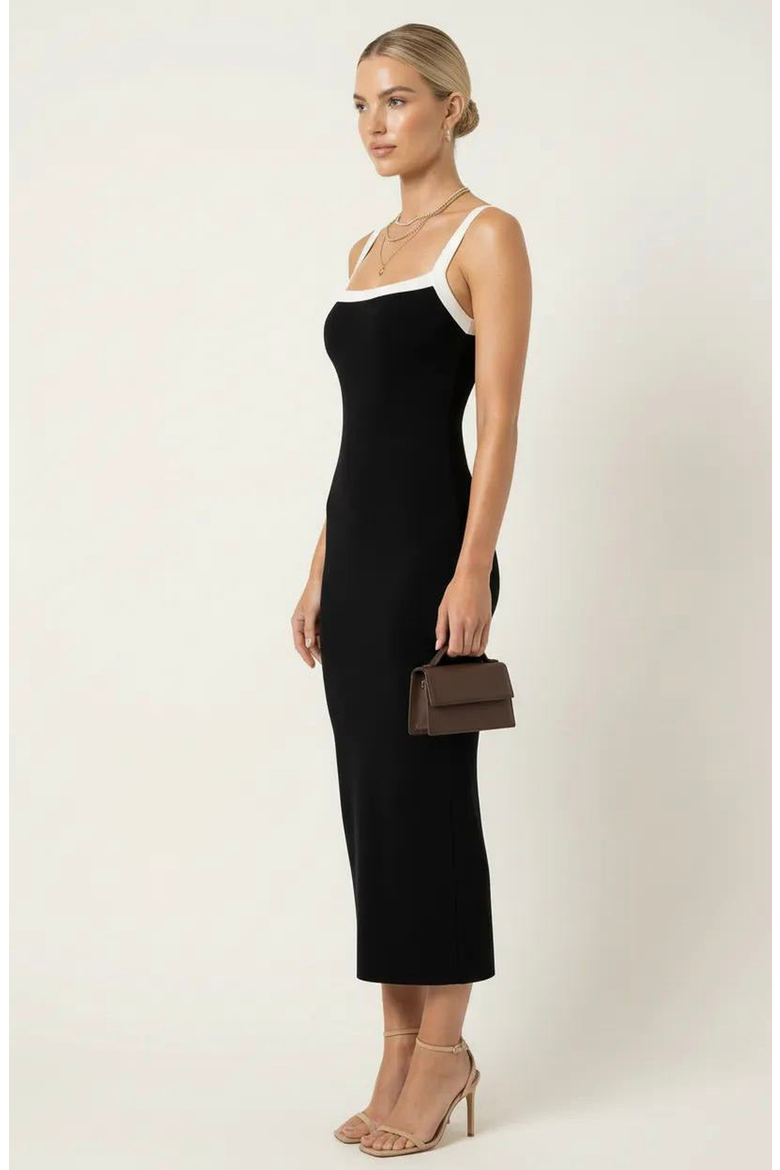 Square Neck Contrast Trim Midi Dress, Alternate, color, Black / White