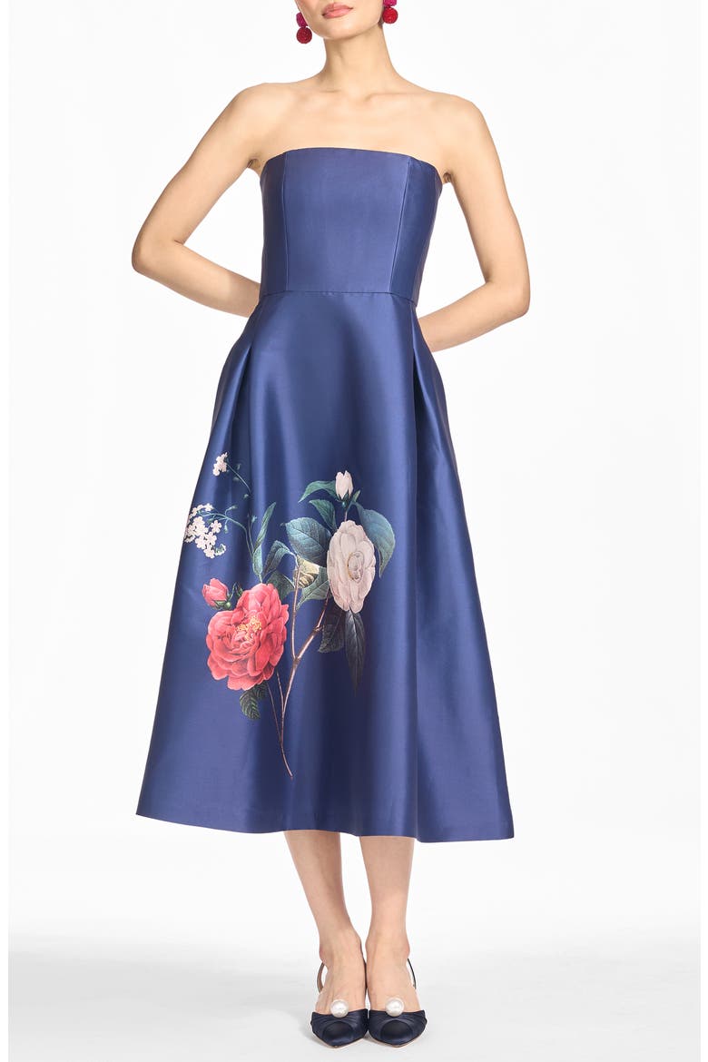 Shay Floral Strapless Stretch Mikado Cocktail Midi Dress, Main, color, BLUE CRIMSON CREME