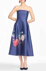 SACHIN BABI Shay Floral Strapless Stretch Mikado Cocktail Midi Dress