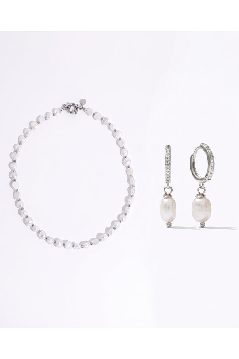 Baroque Freshwater Pearl Necklace and Earrings Set, Main, color, Silver