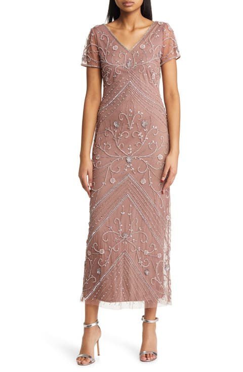 Beaded Mesh Overlay Cocktail Dress