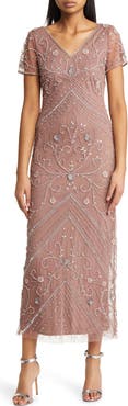 Pisarro Nights Beaded Mesh Overlay Cocktail Dress