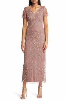 Pisarro Nights Beaded Mesh Overlay Cocktail Dress