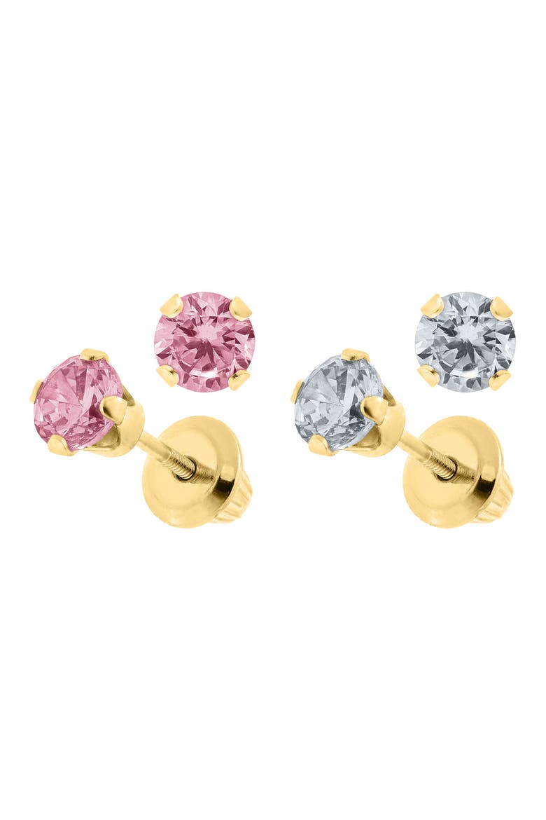 14k Gold & Cubic Zirconia 2-Pair Stud Earring Set, Alternate, color, PINK AND WHITE