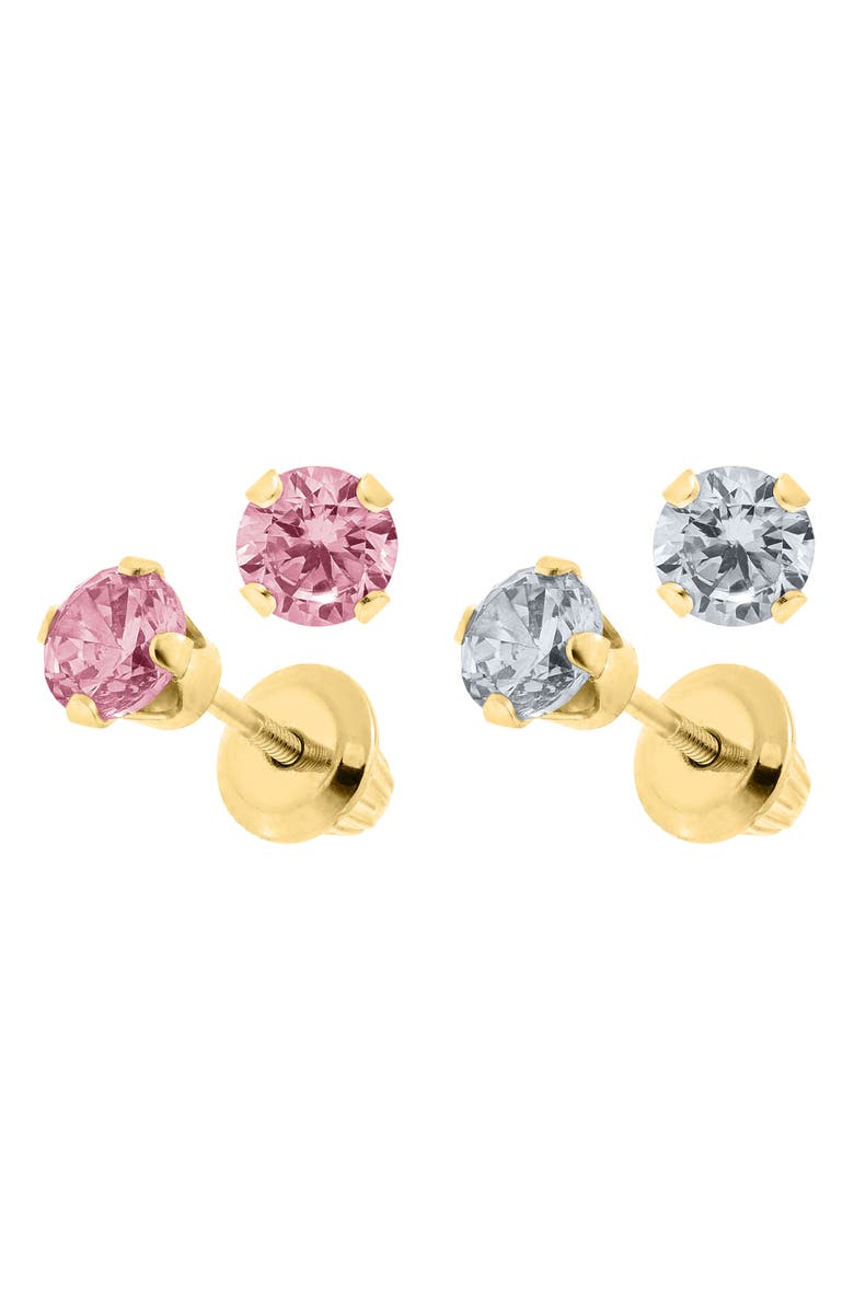 Mignonette 14k Gold & Cubic Zirconia 2-Pair Stud Earring Set, Alternate, color, Pink And White