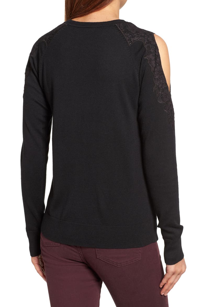 LACE DETAIL COLD SHOULDER SWEATER, Alternate, color, BLACK
