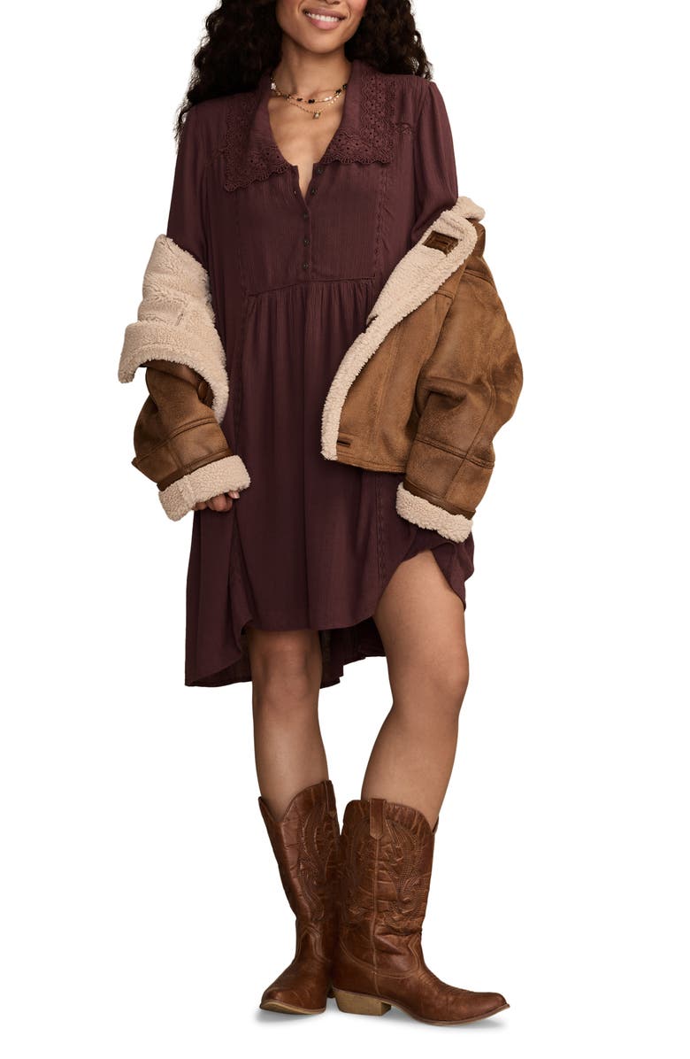 Lucky Brand Embroidered Long Sleeve Shirtdress, Alternate, color, Burgundy