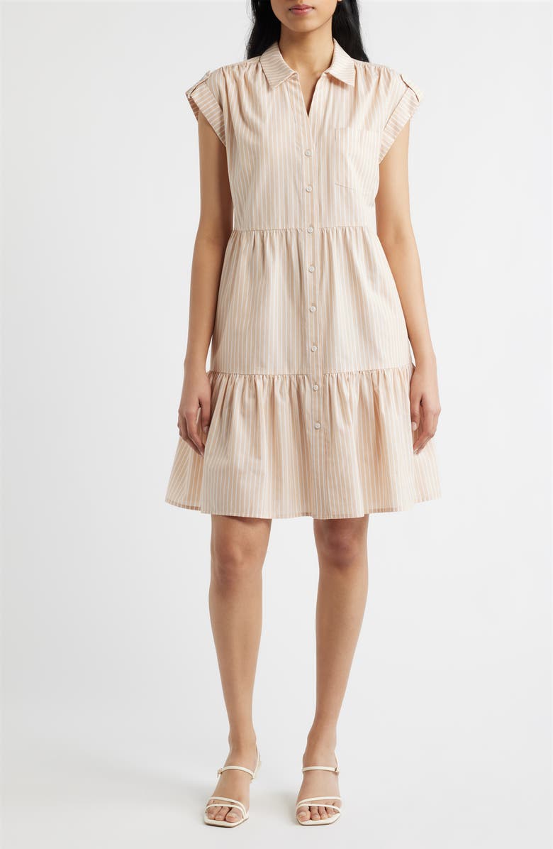 Eliza J Folded Cap Sleeve Tiered Shirtdress, Main, color, Natural