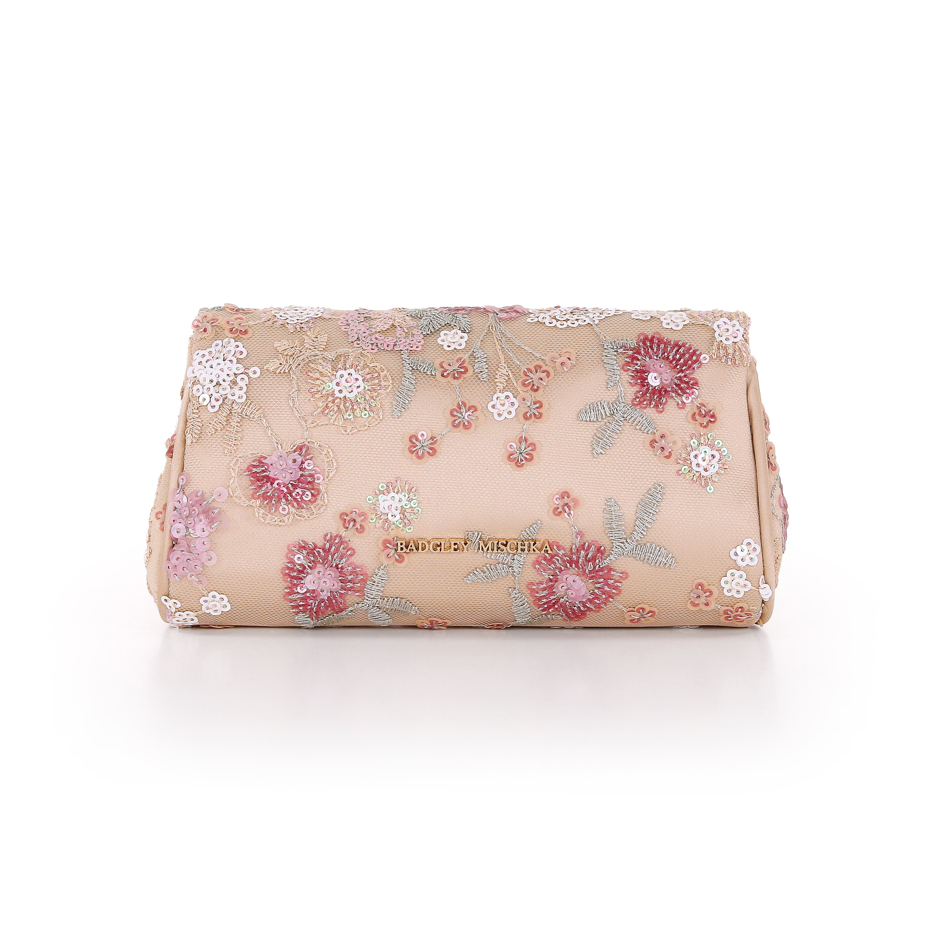 Ophelia Floral Sequin with Pearl Brooch Clutch, Alternate, color, Champagne
