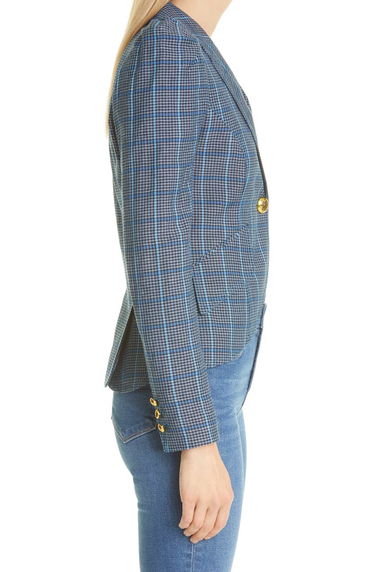 Plaid Puff Sleeve Wool & Linen Blazer, Alternate, color, BLUE GLEN CHECK