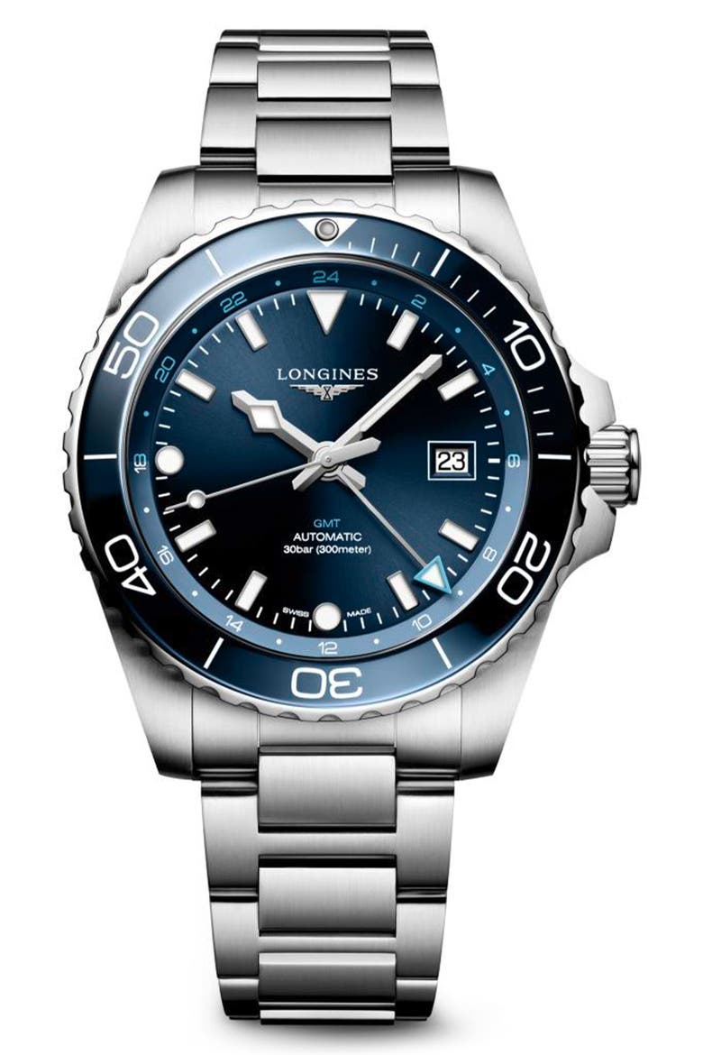 HydroConquest GMT Automatic Bracelet Watch, 43mm, Main, color, BLUE