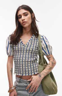 Topshop Shirred Puff Sleeve Crop Top