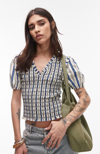 Topshop Shirred Puff Sleeve Crop Top In Multi