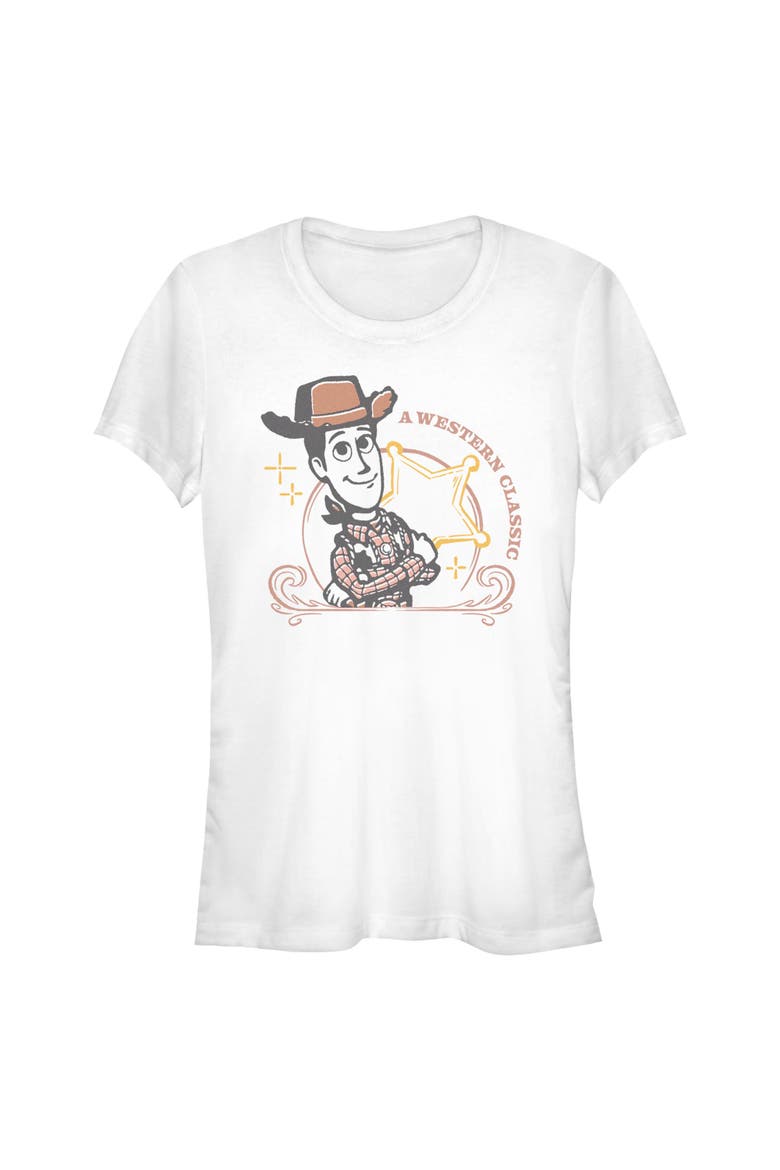 Junior's Toy Story 5 A Western Classic Badge  Graphic T-Shirt, Main, color, White