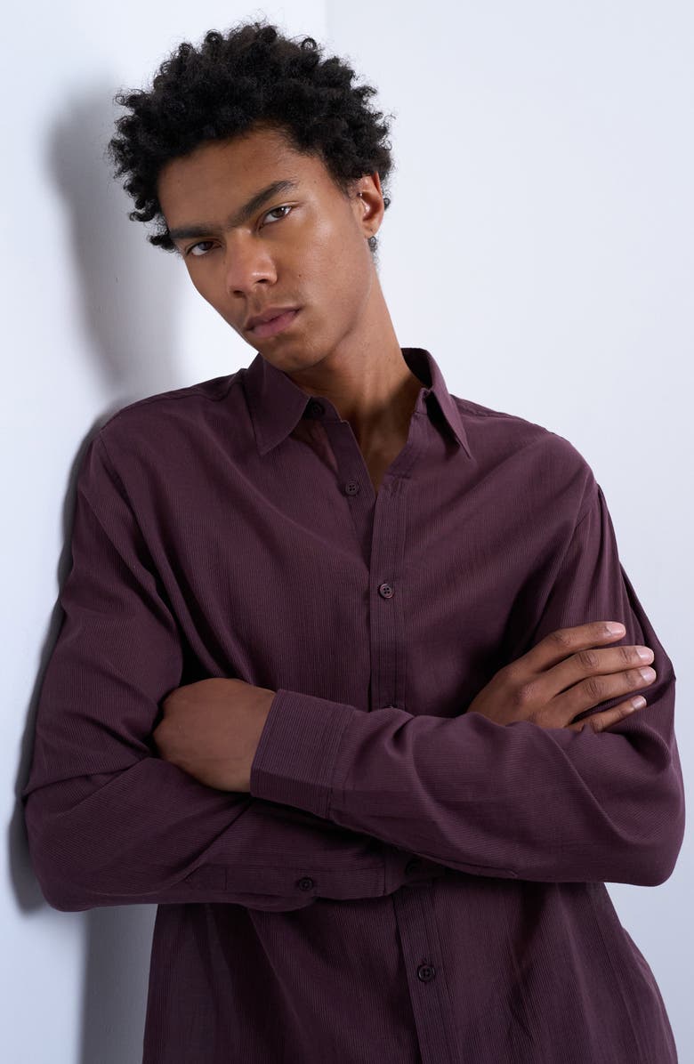 Topman Pinstripe Semisheer Cotton Button-Up Shirt, Alternate, color, Burgundy