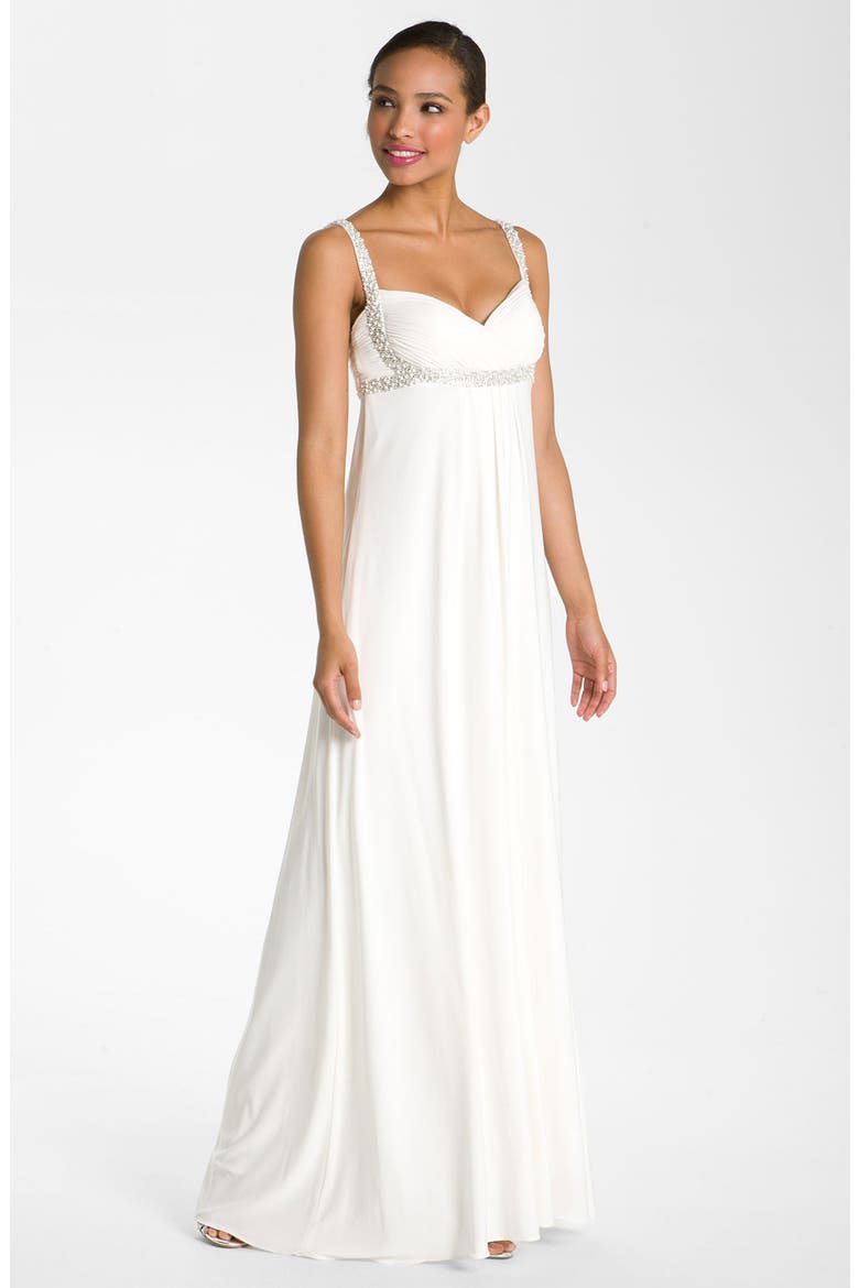 Pearl Trim Crisscross Matte Jersey Gown, Main, color, NEW IVORY