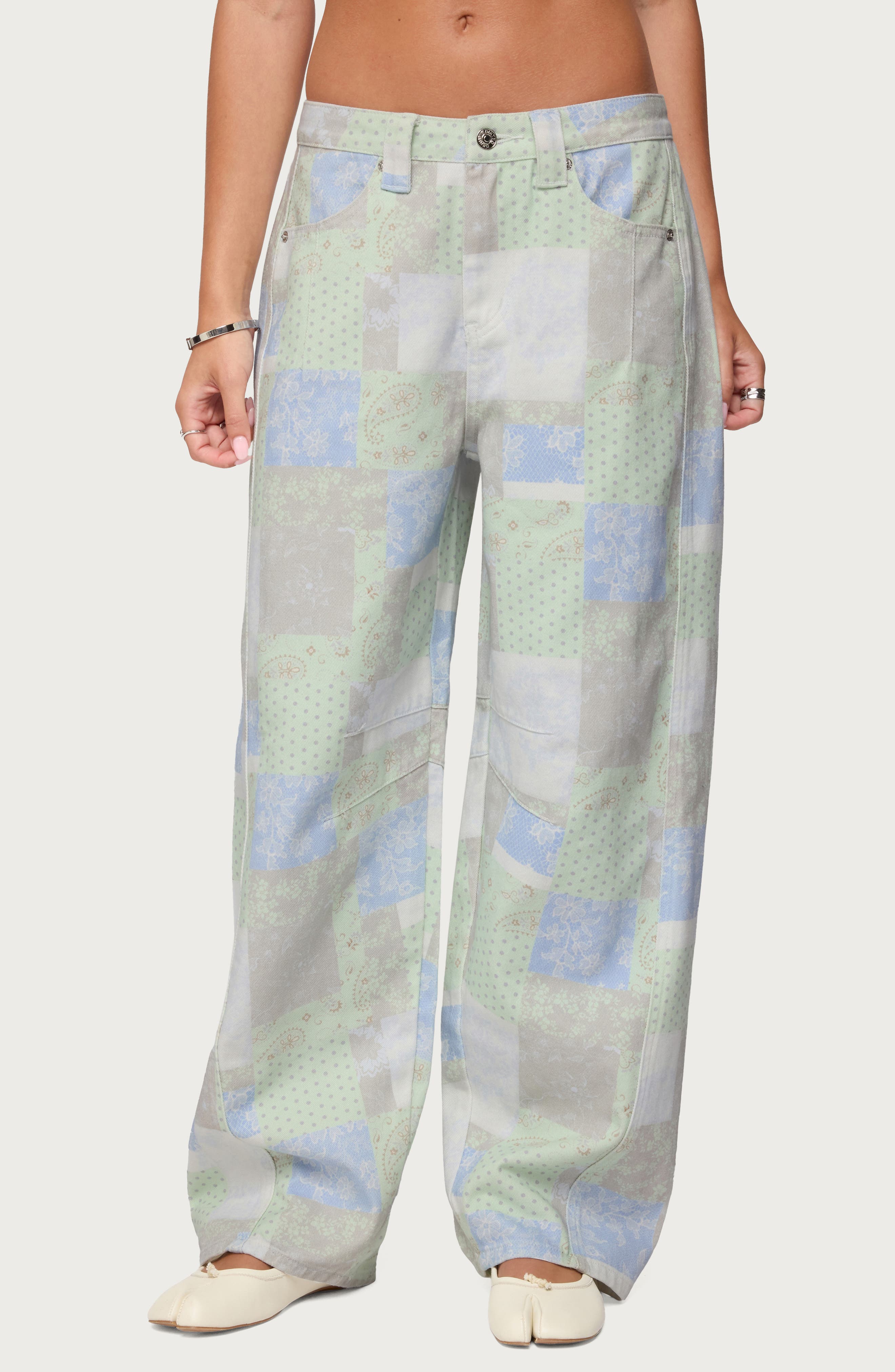 Patchwork Print Low Rise Wide Leg Jeans