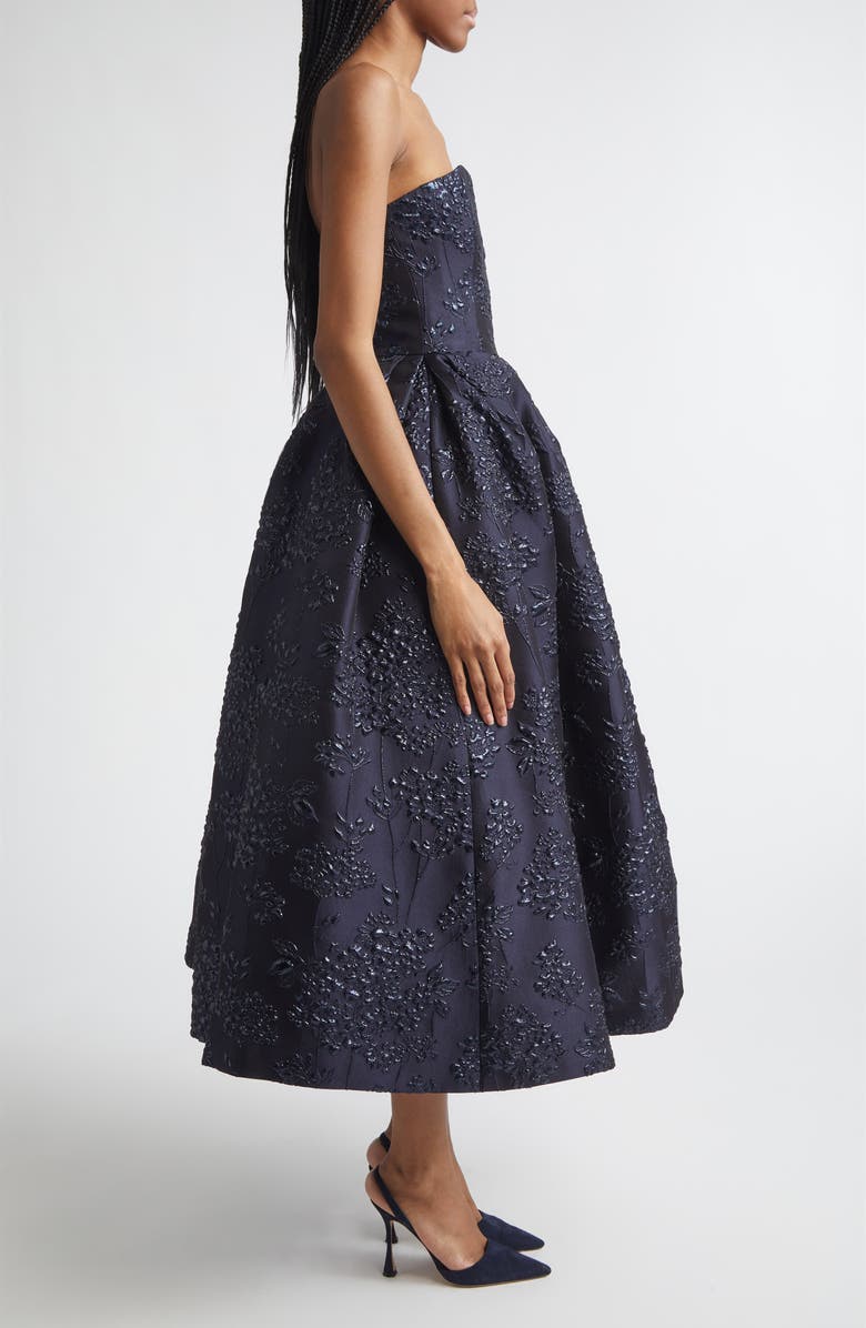 Carolina Herrera Strapless Metallic Floral Jacquard Midi Dress, Alternate, color, Midnight