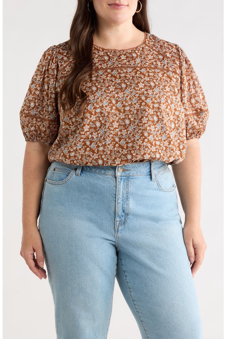 Ramsey Mawlin Floral Puff Sleeve Cotton Top, Main, color, BROWN-MULT