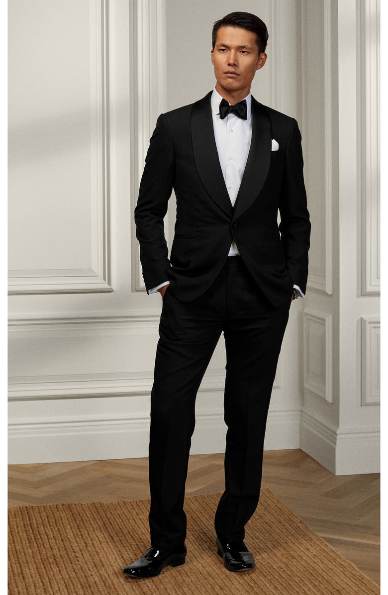 Ralph Lauren Purple Label Gregory Wool Barathea Tuxedo Pants, Alternate, color, Black