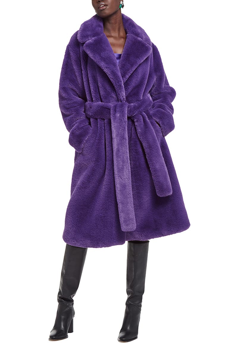 Mona Belted Faux Fur Coat, Main, color, ELECTRIC PURPLE