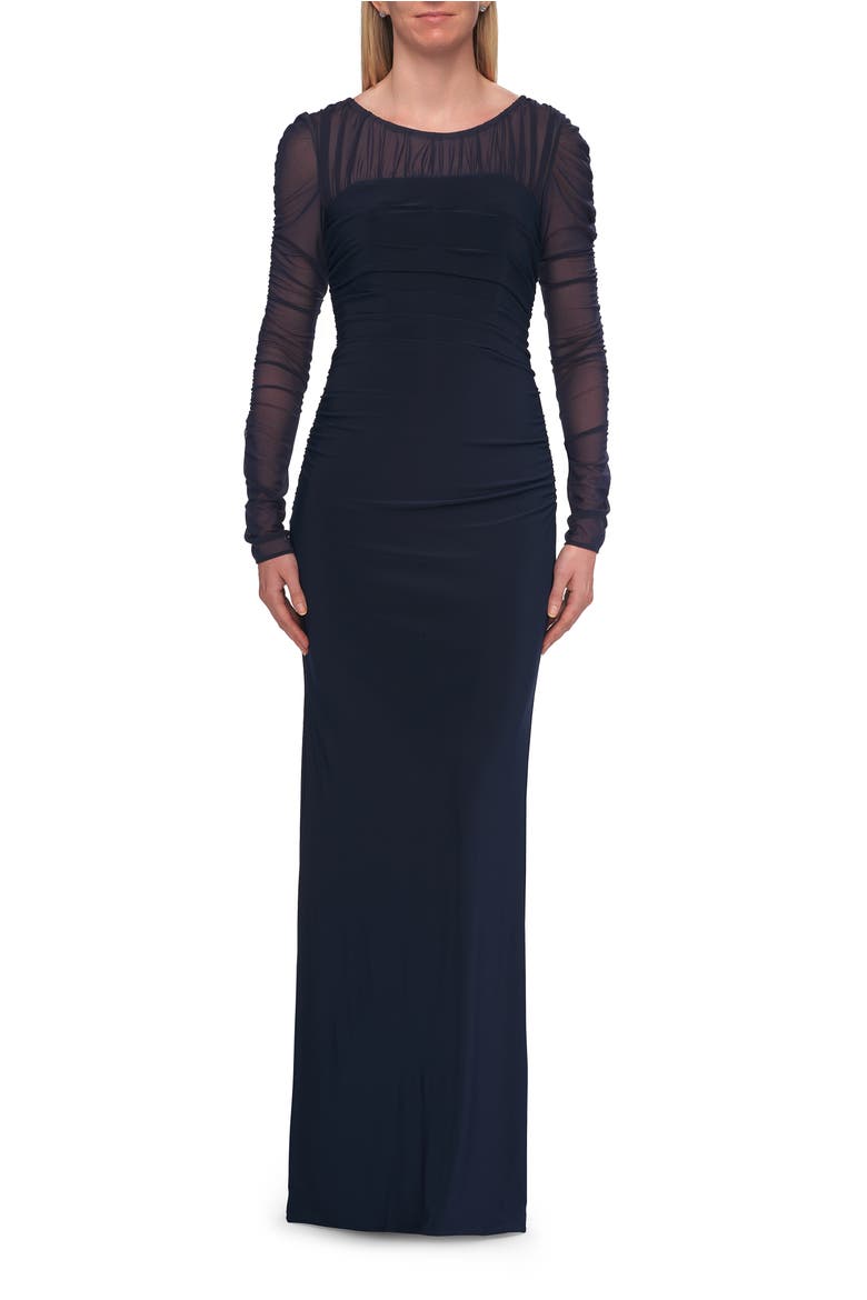 Long Sleeve Sheer Net Jersey Gown with Ruching, Main, color, Navy