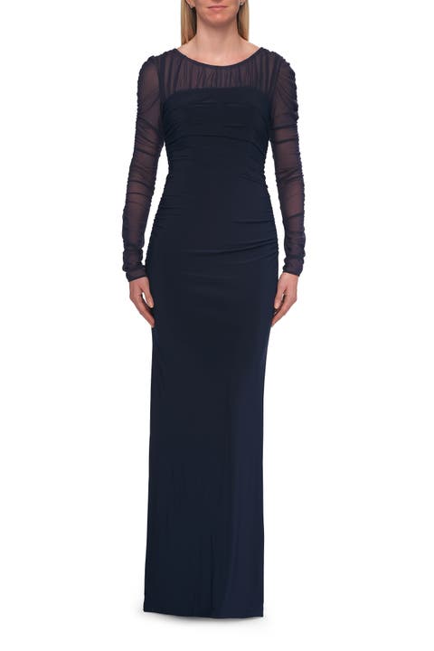 Long Sleeve Sheer Net Jersey Gown with Ruching