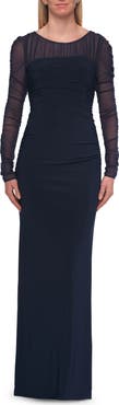 La Femme Long Sleeve Sheer Net Jersey Gown with Ruching