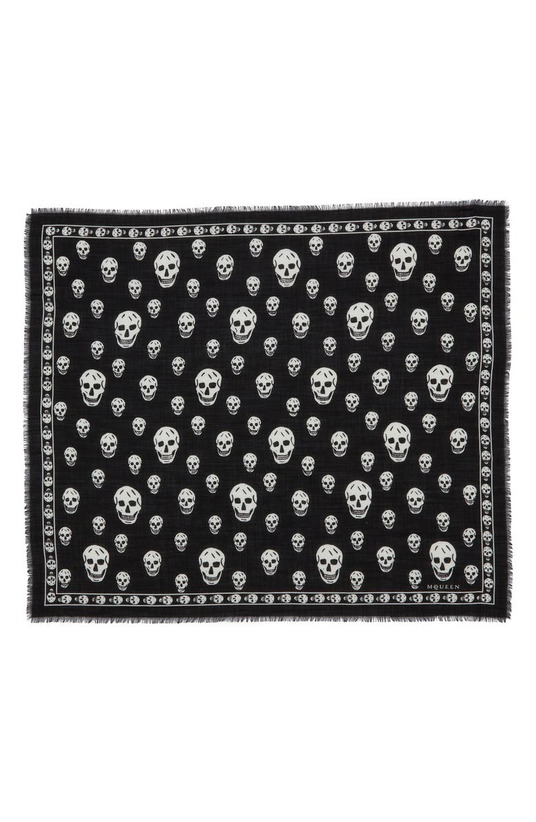McQueen Skull Print Wool Fringe Scarf, Main, color, Black/ Ivory