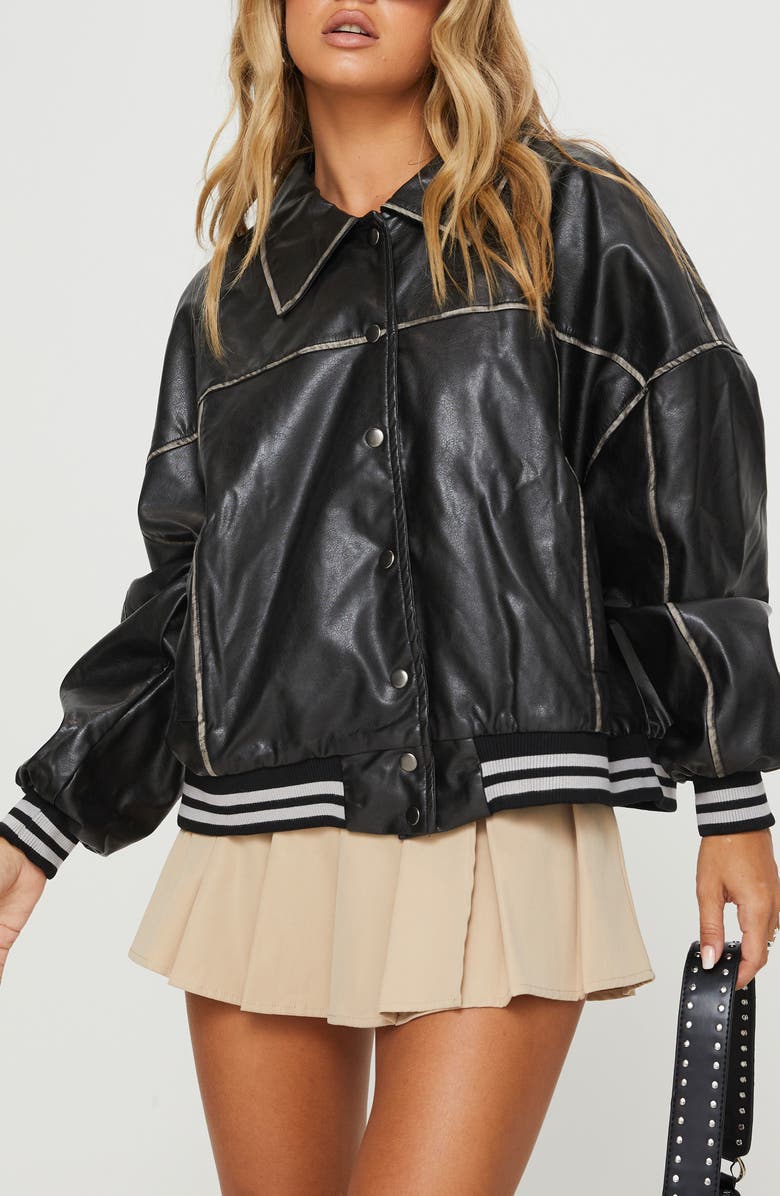 Princess Polly Cordae Faux Leather Jacket, Main, color, Washed Black