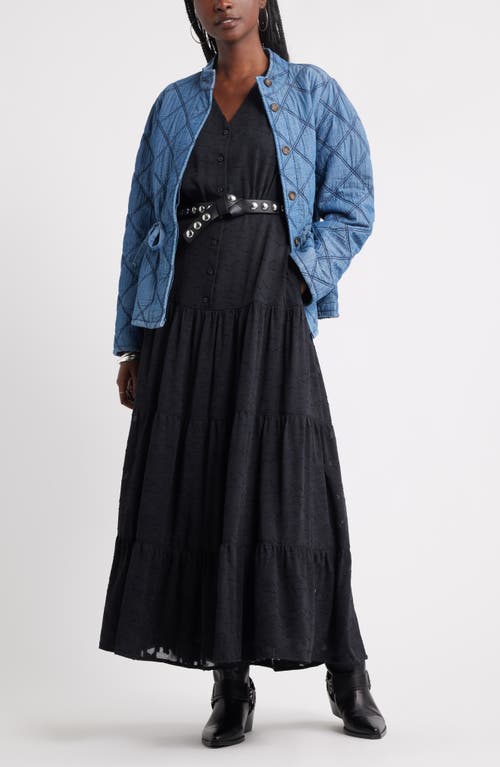 Treasure & Bond Puff Sleeve Tiered Jacquard Maxi Dress In Black