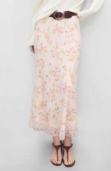MANGO Christy Floral Lace Trim A-Line Midi Skirt